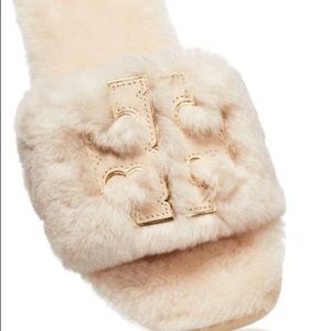 Tory Burch Double T Shearling Slides